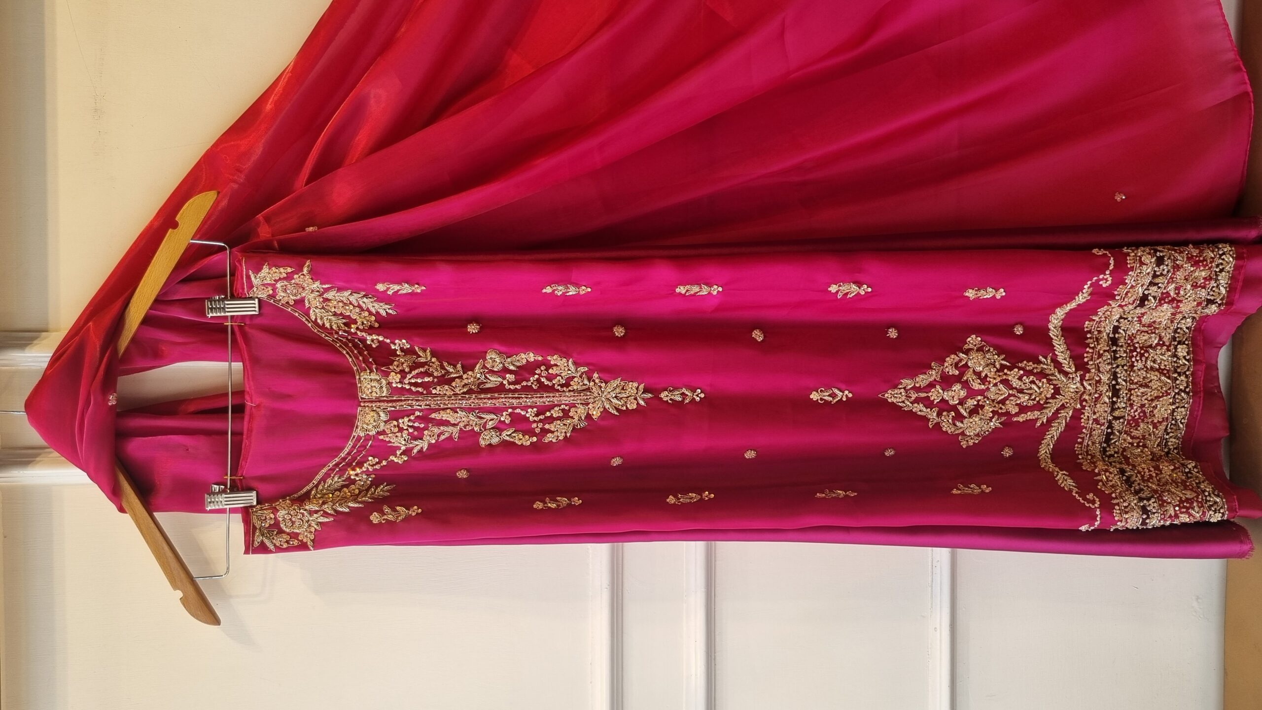 Fuchsia Pink Gold Embellished Silk Suit - Image 3