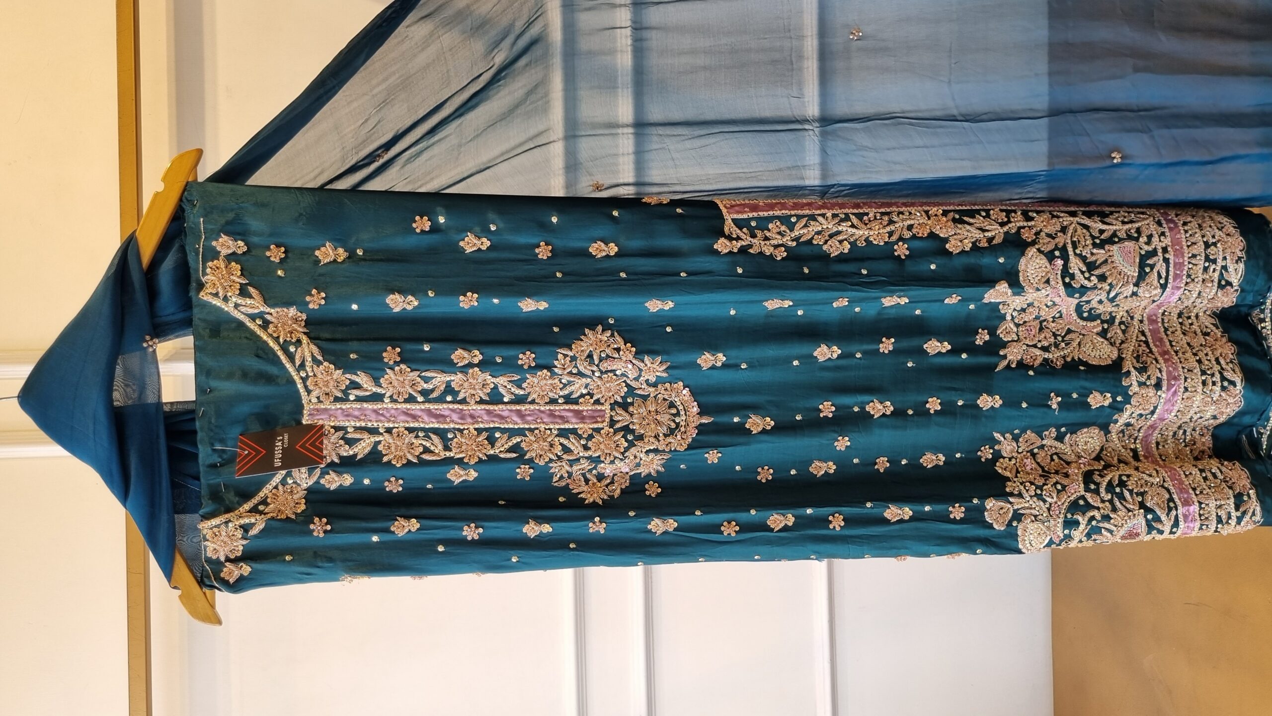 Teal Bloom Embroidered Silk Suit - Image 6