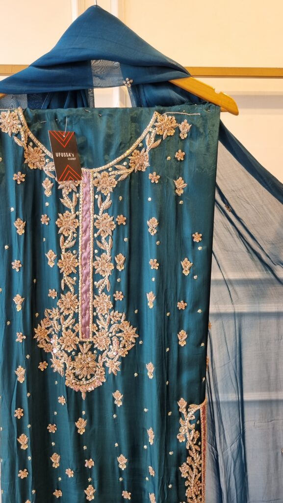 Teal Bloom Embroidered Silk Suit