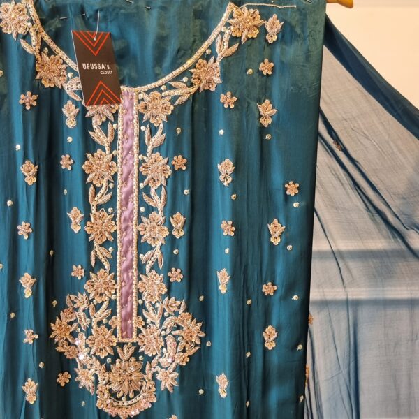 Teal Bloom Embroidered Silk Suit