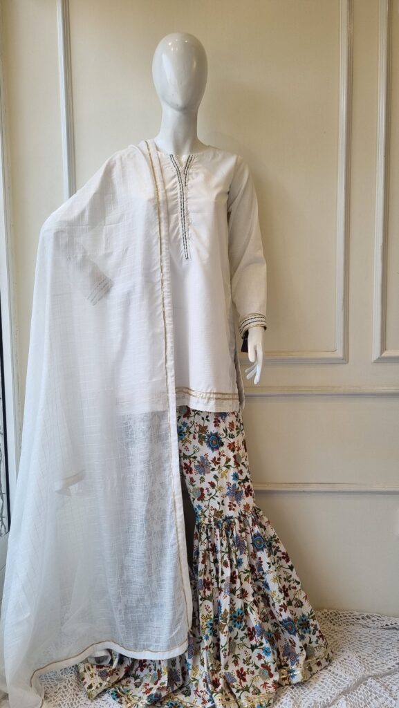 White Bloom Lawn Gharara Set